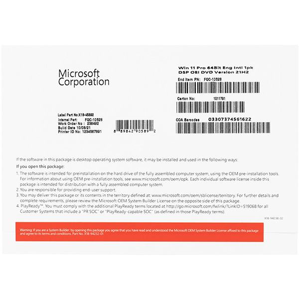 Hệ điều hành Microsoft Windows Pro 11 64Bit Eng Intl 1pk DSP OEI DVD (FQC-10528)